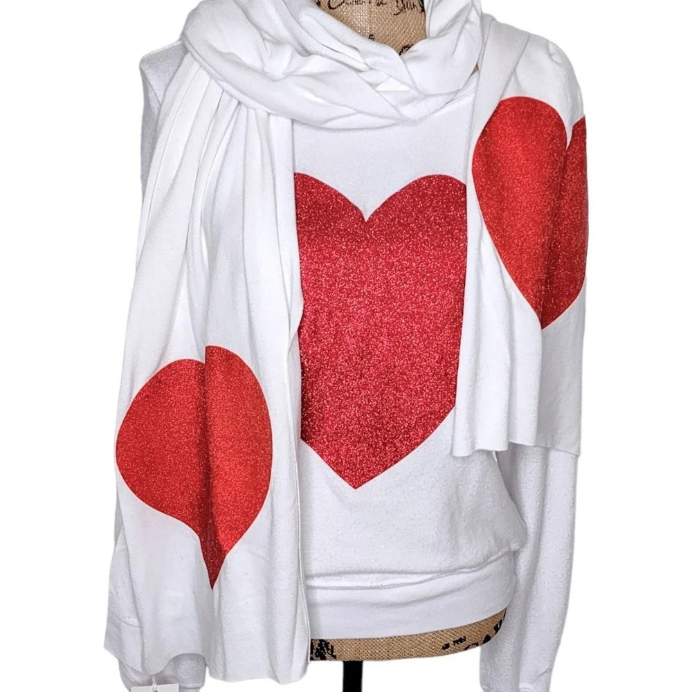 Wildfox Heart Oversized Sweatshirt (Size XXS) and Scarf Set Red Sparkle Heart